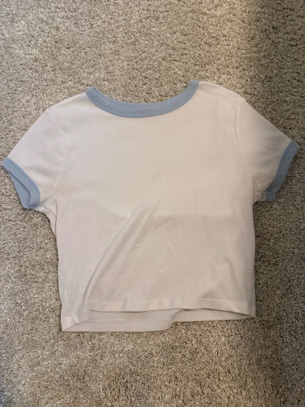 Cropped White Tee with Light Blue Trim